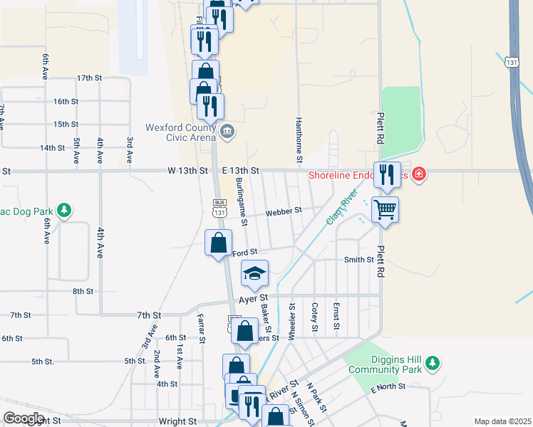 map of restaurants, bars, coffee shops, grocery stores, and more near 300 Webber Street in Cadillac