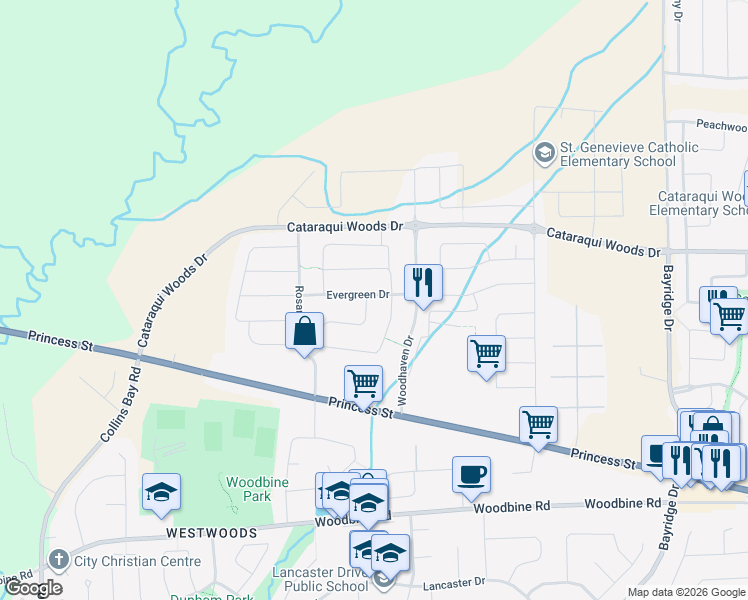 map of restaurants, bars, coffee shops, grocery stores, and more near 1662 Crimson Crescent in Kingston