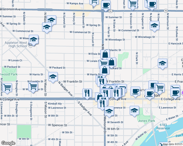 map of restaurants, bars, coffee shops, grocery stores, and more near 802 West Harris Street in Appleton