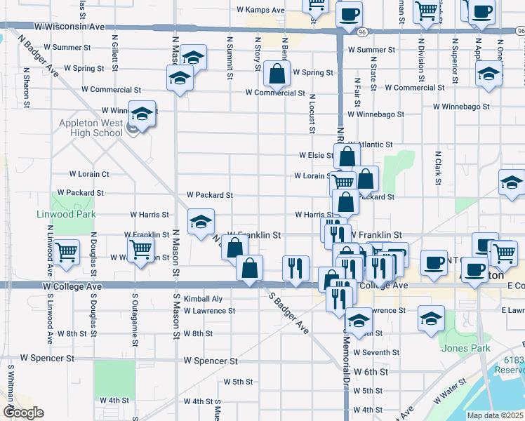map of restaurants, bars, coffee shops, grocery stores, and more near 932 West Harris Street in Appleton
