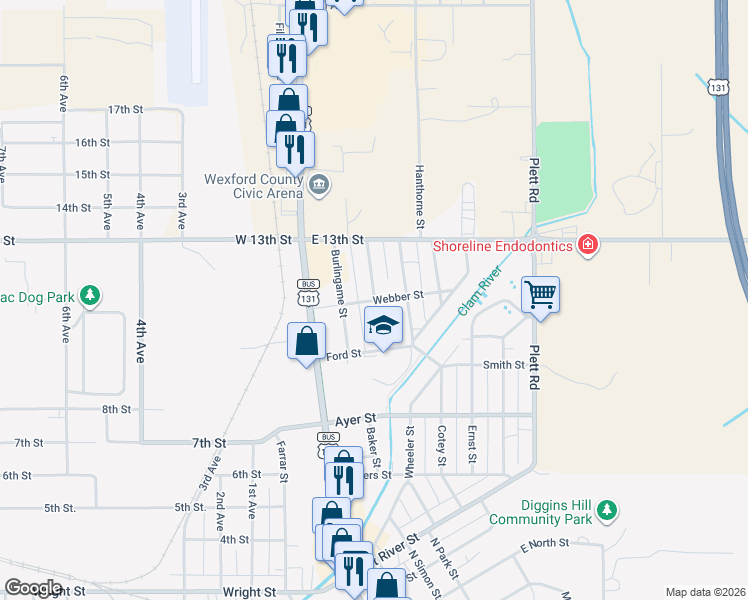 map of restaurants, bars, coffee shops, grocery stores, and more near 1201 Manning Street in Cadillac