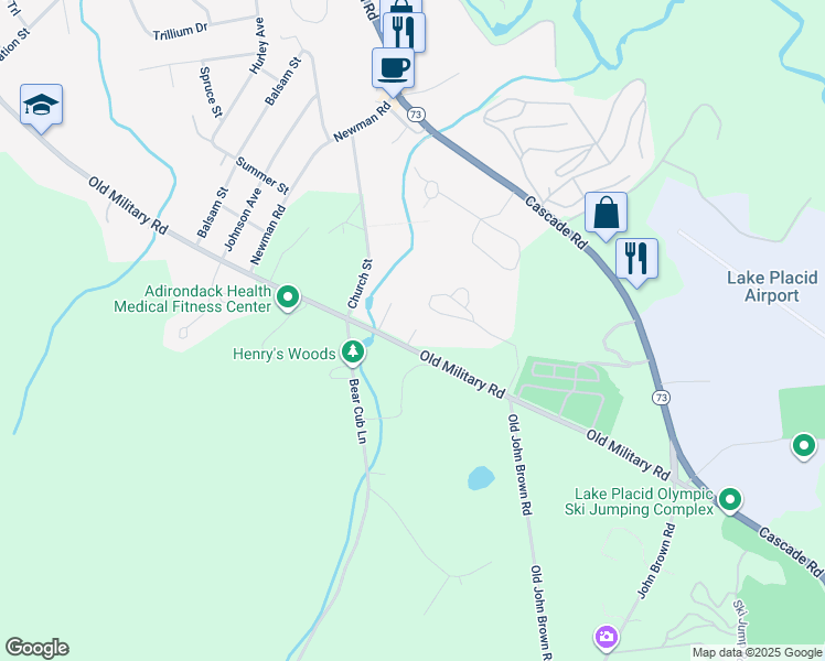 map of restaurants, bars, coffee shops, grocery stores, and more near 136 Old Military Road in Lake Placid