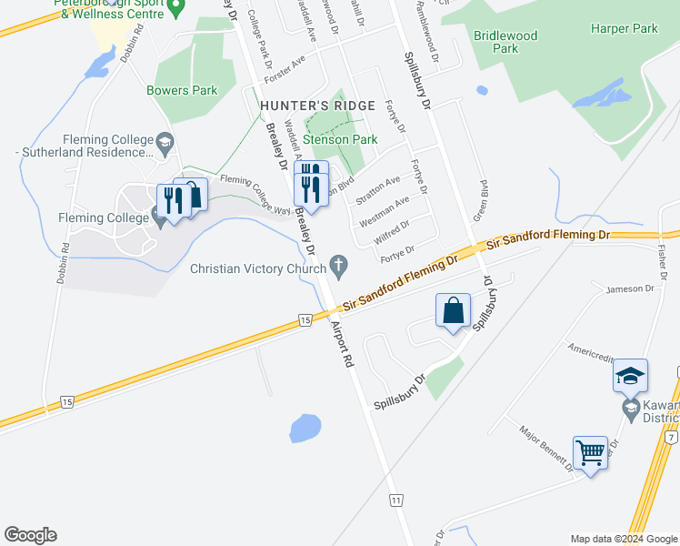 map of restaurants, bars, coffee shops, grocery stores, and more near 520 Brealey Drive in Peterborough