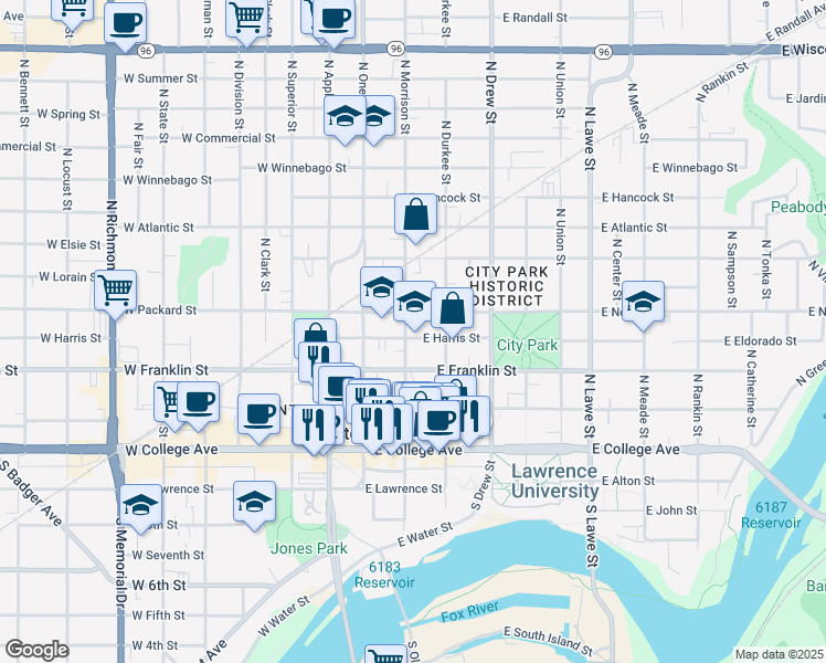 map of restaurants, bars, coffee shops, grocery stores, and more near 402 North Morrison Street in Appleton