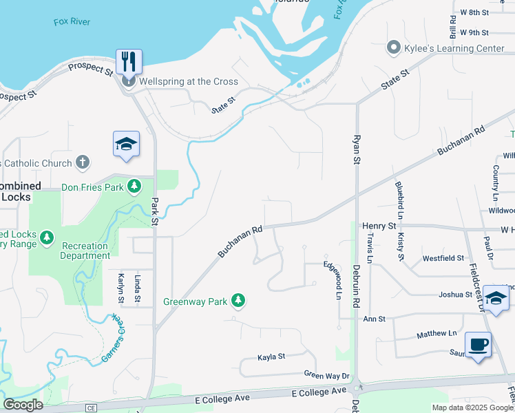 map of restaurants, bars, coffee shops, grocery stores, and more near 512 Buchanan Road in Combined Locks