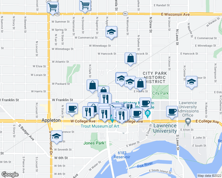 map of restaurants, bars, coffee shops, grocery stores, and more near 116 West Harris Street in Appleton
