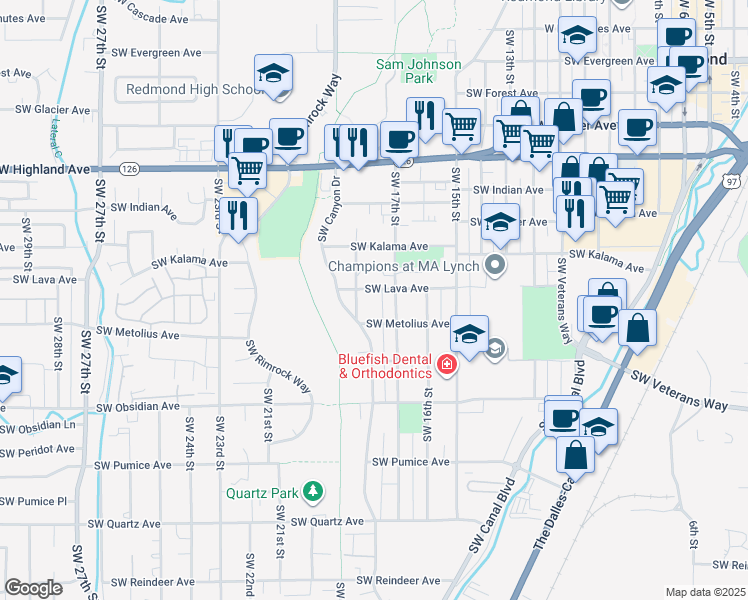 map of restaurants, bars, coffee shops, grocery stores, and more near 1242 Southwest 18th Street in Redmond