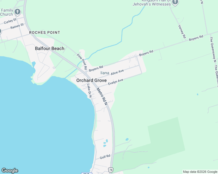 map of restaurants, bars, coffee shops, grocery stores, and more near 17 Evelyn Avenue in Georgina