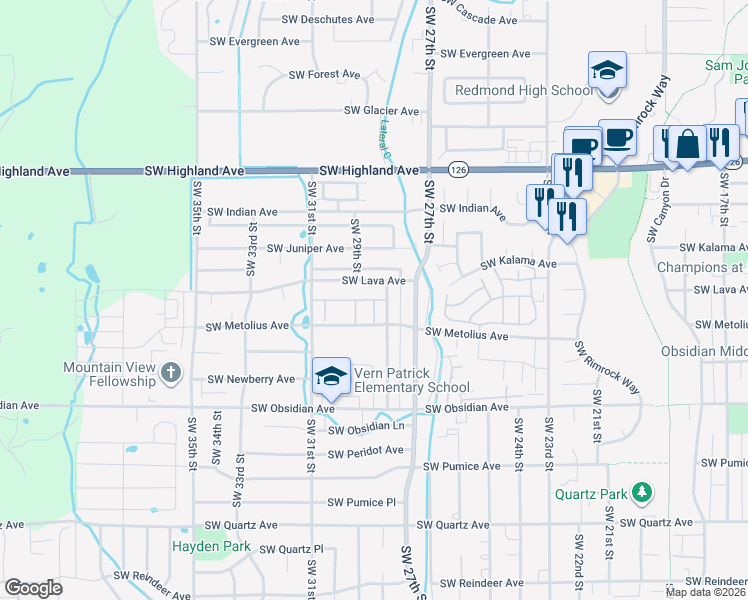 map of restaurants, bars, coffee shops, grocery stores, and more near Southwest 28th Place in Redmond