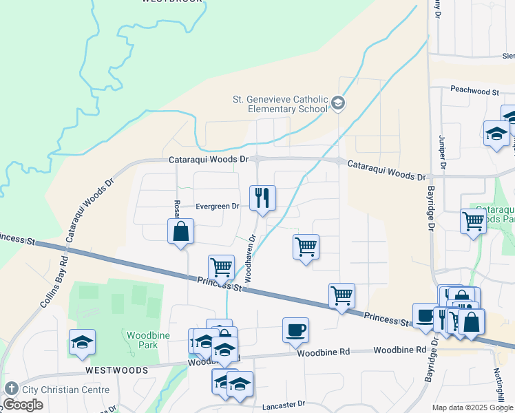 map of restaurants, bars, coffee shops, grocery stores, and more near Woodhaven Drive in Kingston