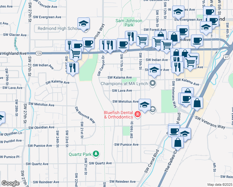 map of restaurants, bars, coffee shops, grocery stores, and more near 1734 Southwest Lava Avenue in Redmond