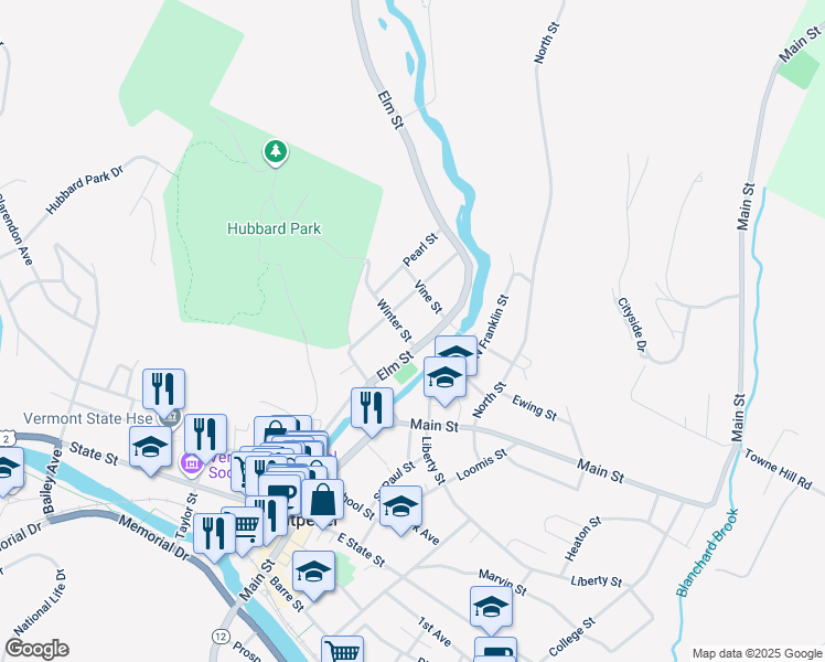 map of restaurants, bars, coffee shops, grocery stores, and more near 208 Elm Street in Montpelier