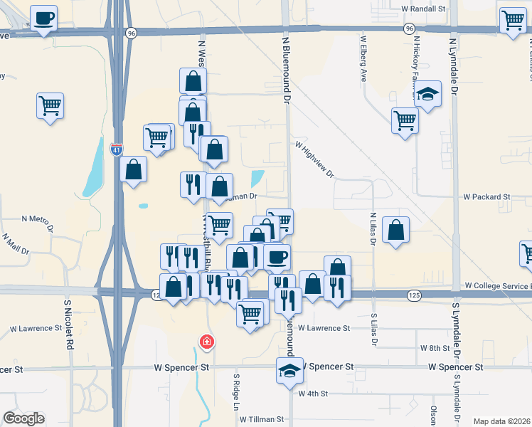 map of restaurants, bars, coffee shops, grocery stores, and more near 35 Bluemound Court in Appleton