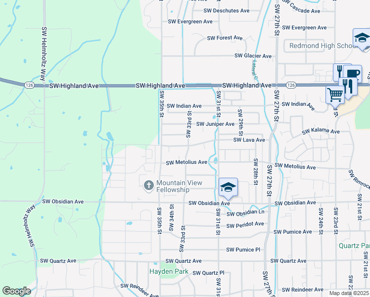 map of restaurants, bars, coffee shops, grocery stores, and more near 1231 Southwest 33rd Street in Redmond