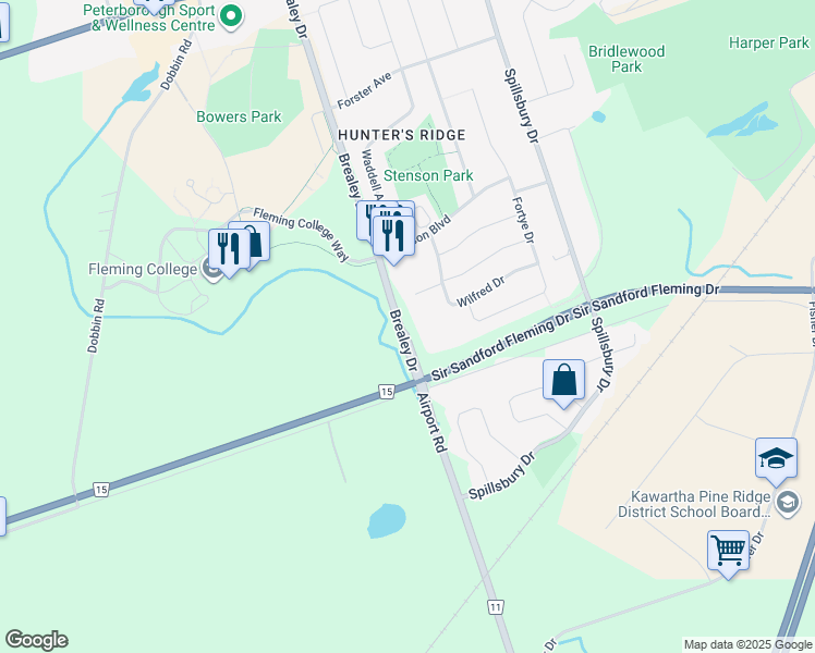 map of restaurants, bars, coffee shops, grocery stores, and more near 520 Brealey Drive in Peterborough