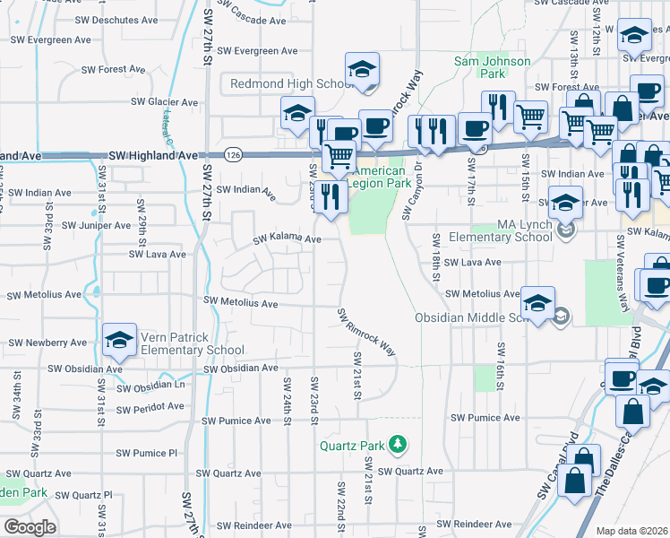 map of restaurants, bars, coffee shops, grocery stores, and more near 2212 Southwest Stonehedge Court in Redmond