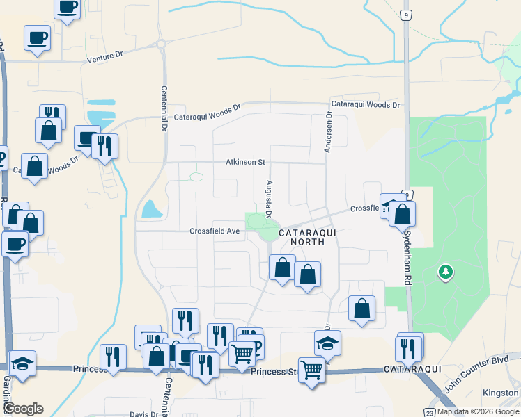 map of restaurants, bars, coffee shops, grocery stores, and more near 740 Augusta Drive in Kingston