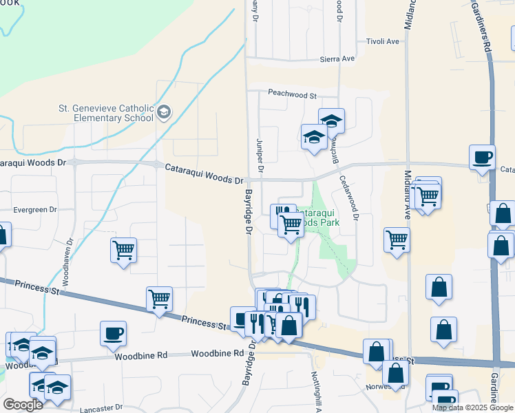 map of restaurants, bars, coffee shops, grocery stores, and more near 872 Larchwood Crescent in Kingston