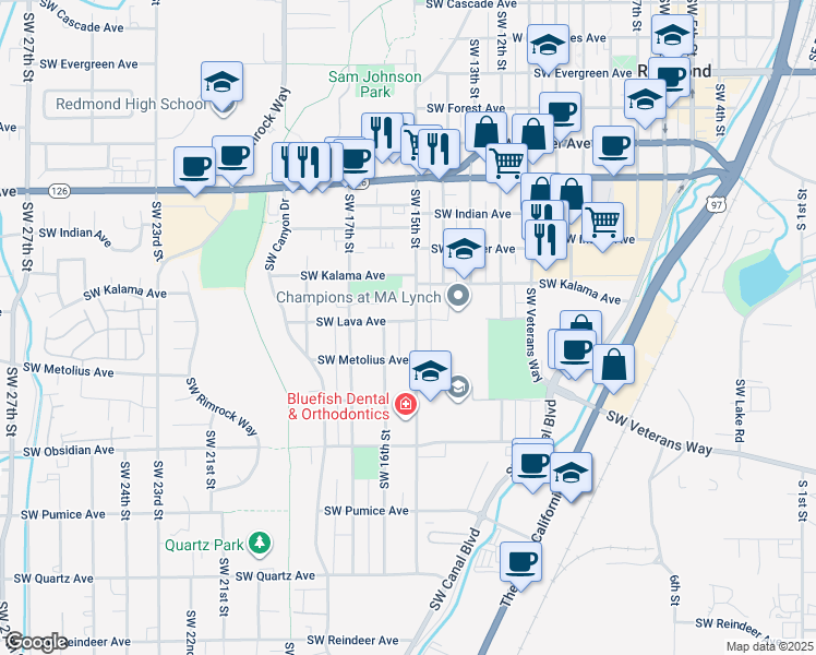 map of restaurants, bars, coffee shops, grocery stores, and more near 1238 Southwest 16th Street in Redmond