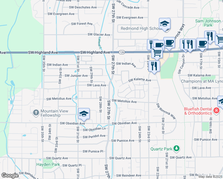 map of restaurants, bars, coffee shops, grocery stores, and more near 1235 Southwest 27th Street in Redmond