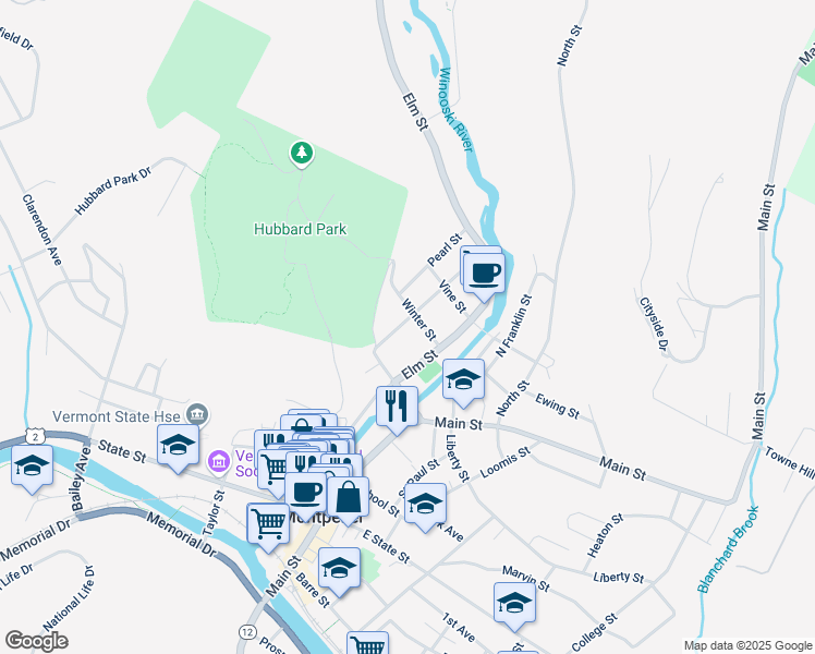 map of restaurants, bars, coffee shops, grocery stores, and more near 208 Elm Street in Montpelier