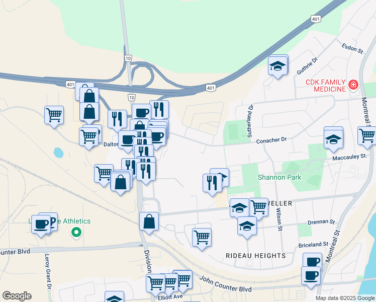 map of restaurants, bars, coffee shops, grocery stores, and more near 286 Conacher Drive in Kingston