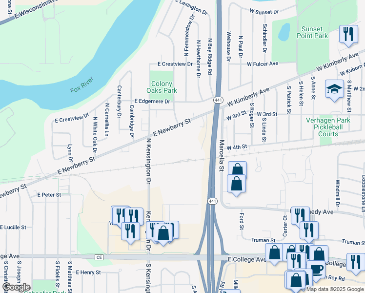 map of restaurants, bars, coffee shops, grocery stores, and more near 336 N Kensington Dr in Appleton