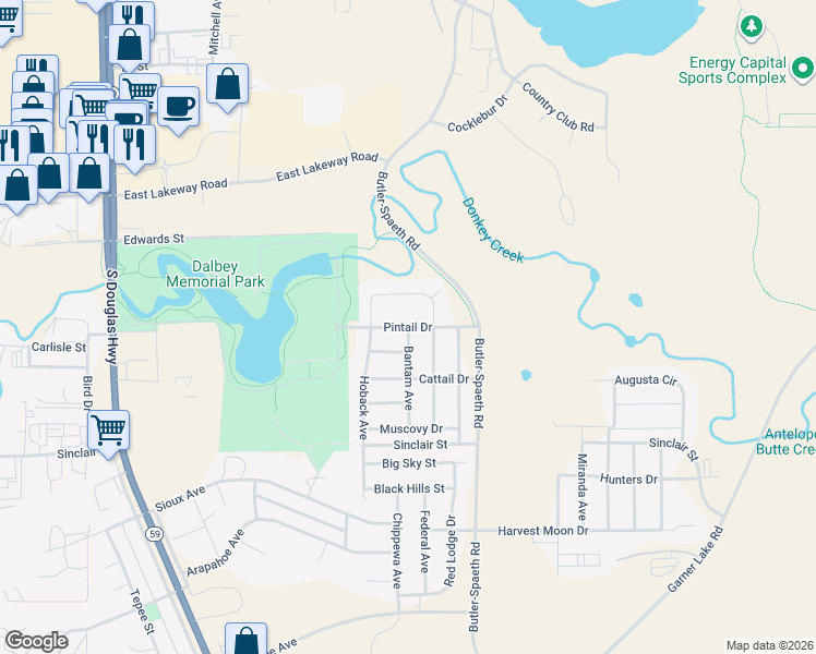 map of restaurants, bars, coffee shops, grocery stores, and more near Pintail Drive in Gillette