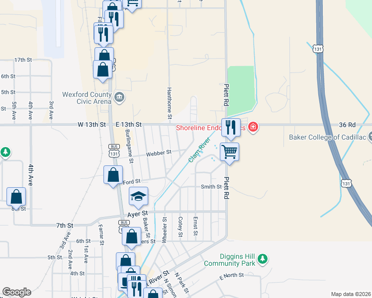 map of restaurants, bars, coffee shops, grocery stores, and more near 1198 Riverside St in Cadillac