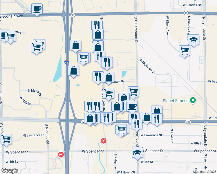 map of restaurants, bars, coffee shops, grocery stores, and more near 444 North Westhill Boulevard in Appleton