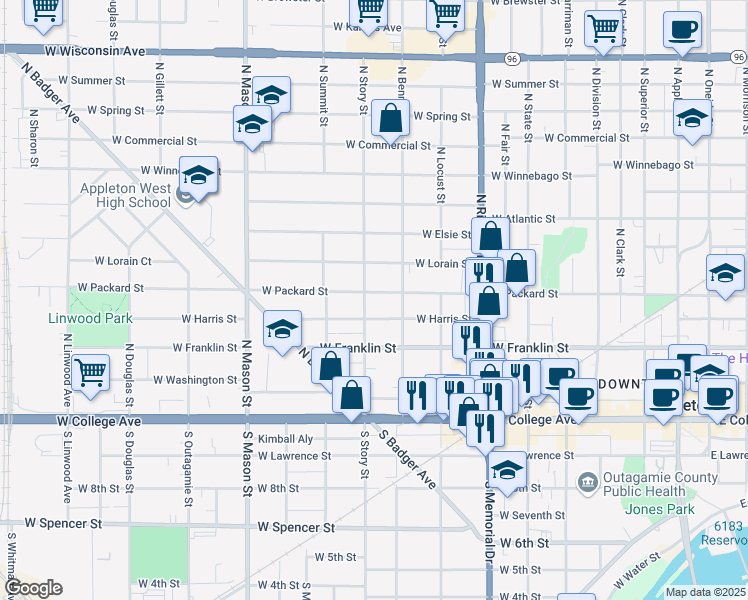 map of restaurants, bars, coffee shops, grocery stores, and more near 927 1/2 West Packard Street in Appleton