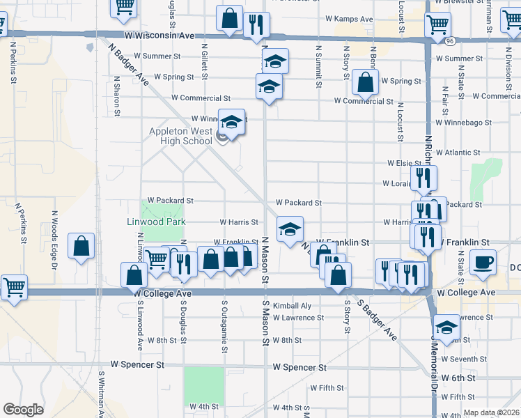 map of restaurants, bars, coffee shops, grocery stores, and more near 1314 West Harris Street in Appleton