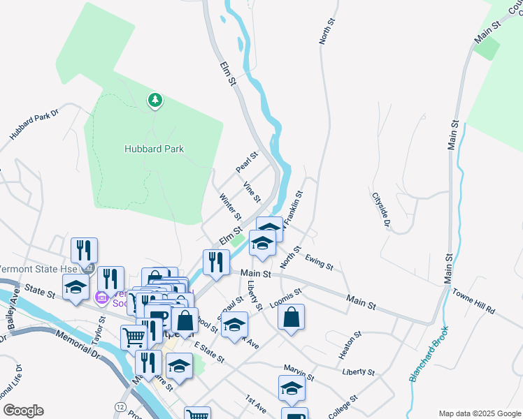 map of restaurants, bars, coffee shops, grocery stores, and more near 235 Elm Street in Montpelier
