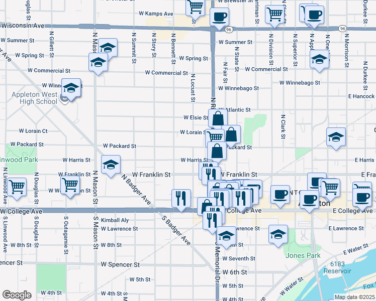 map of restaurants, bars, coffee shops, grocery stores, and more near 802 West Harris Street in Appleton