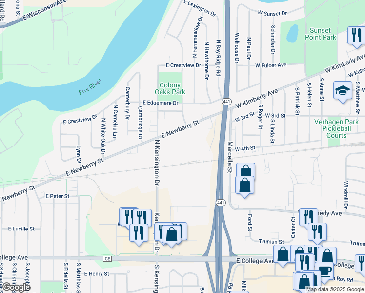 map of restaurants, bars, coffee shops, grocery stores, and more near 336 N Kensington Dr in Appleton