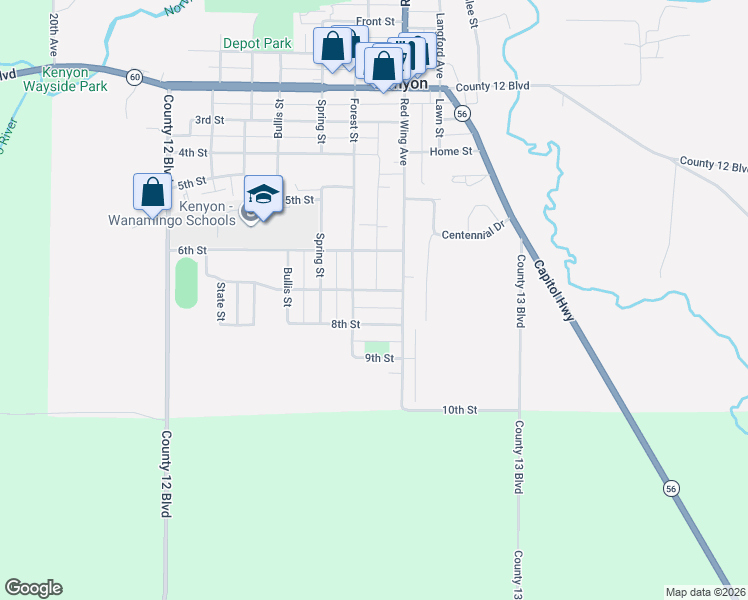 map of restaurants, bars, coffee shops, grocery stores, and more near 622 8th Street in Kenyon