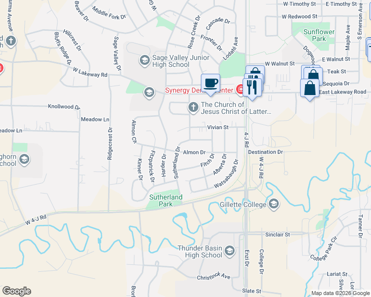 map of restaurants, bars, coffee shops, grocery stores, and more near 801 Almon Drive in Gillette