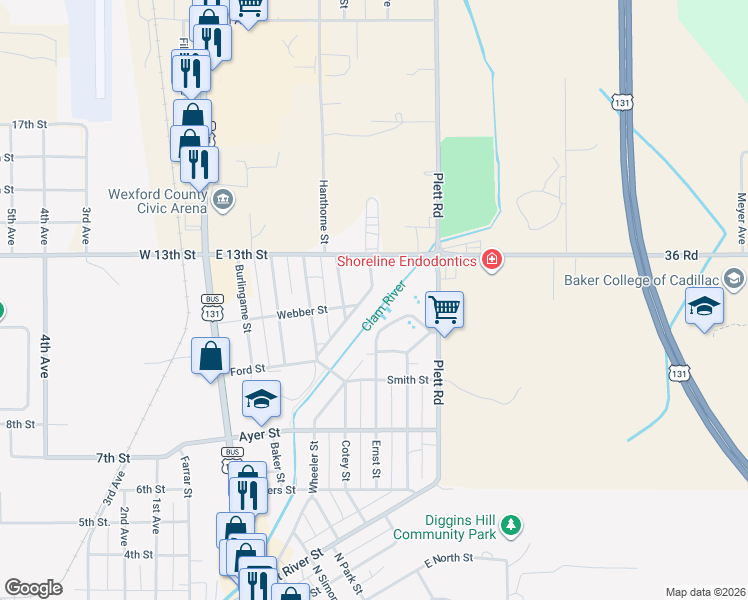 map of restaurants, bars, coffee shops, grocery stores, and more near 1134-1198 Riverside St in Cadillac