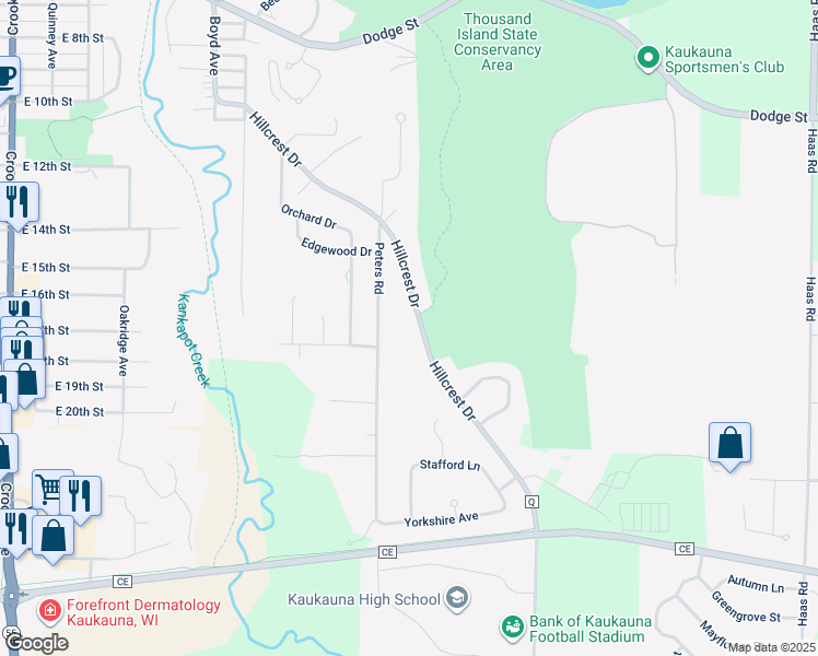 map of restaurants, bars, coffee shops, grocery stores, and more near 1717 Hillcrest Drive in Kaukauna
