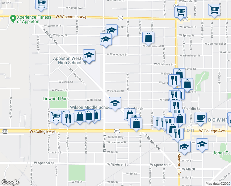 map of restaurants, bars, coffee shops, grocery stores, and more near 1201 West Packard Street in Appleton