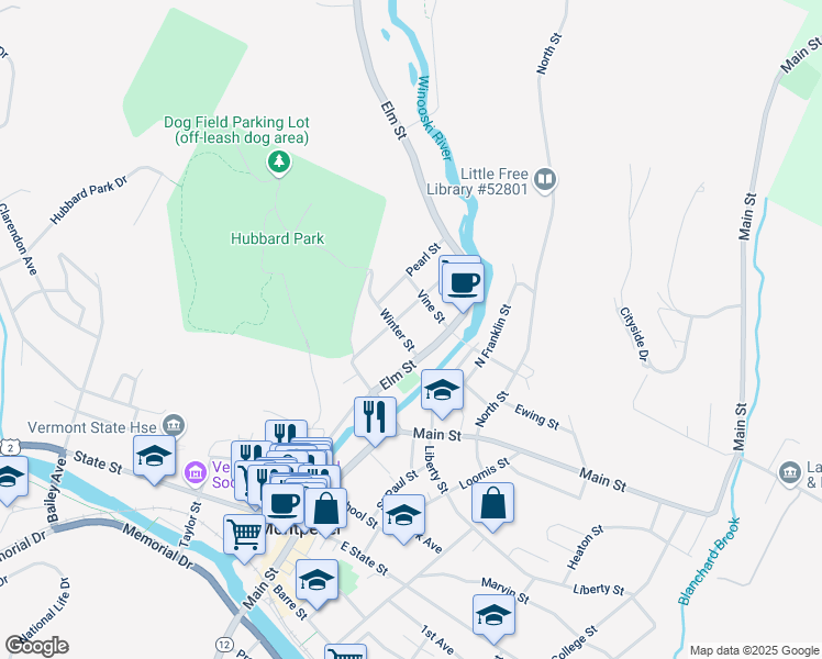 map of restaurants, bars, coffee shops, grocery stores, and more near 208 Elm Street in Montpelier
