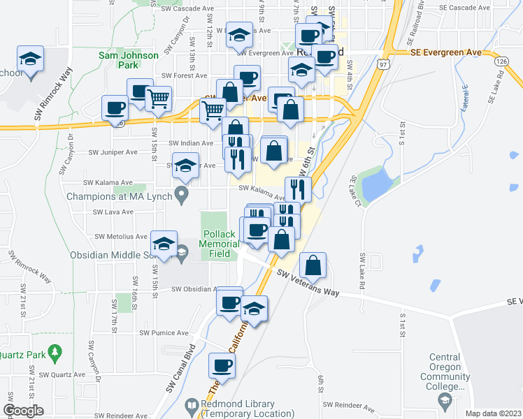 map of restaurants, bars, coffee shops, grocery stores, and more near 1313 Southwest Canal Boulevard in Redmond
