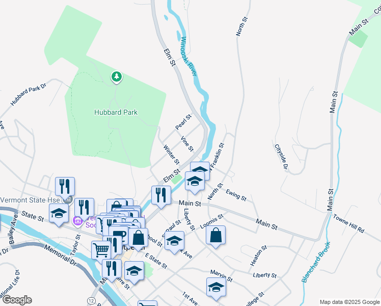 map of restaurants, bars, coffee shops, grocery stores, and more near 235 Elm Street in Montpelier