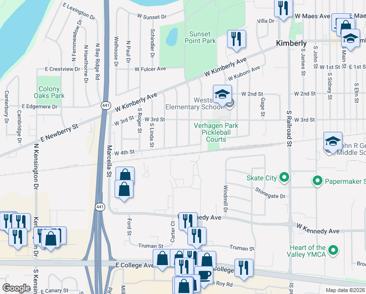 map of restaurants, bars, coffee shops, grocery stores, and more near 553 Carter Court in Kimberly