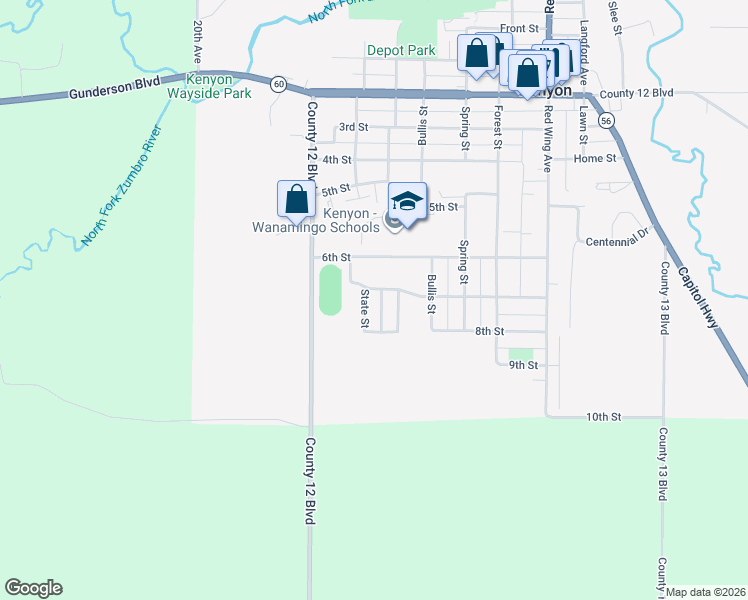 map of restaurants, bars, coffee shops, grocery stores, and more near 724 Washington Street in Kenyon