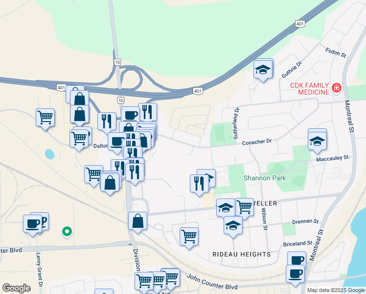 map of restaurants, bars, coffee shops, grocery stores, and more near 276 Conacher Drive in Kingston