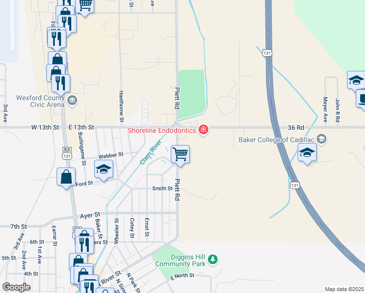 map of restaurants, bars, coffee shops, grocery stores, and more near 1201 Plett Road in Cadillac