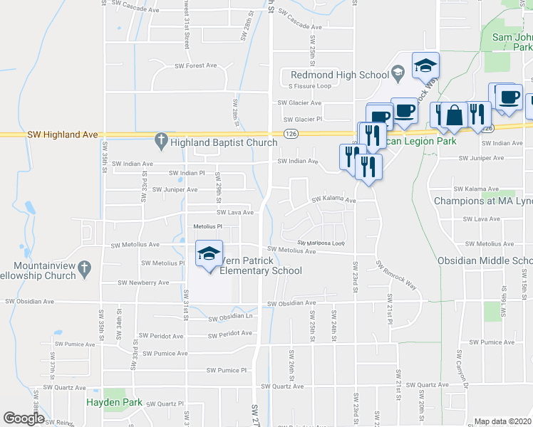 map of restaurants, bars, coffee shops, grocery stores, and more near 2752 Southwest Juniper Avenue in Redmond