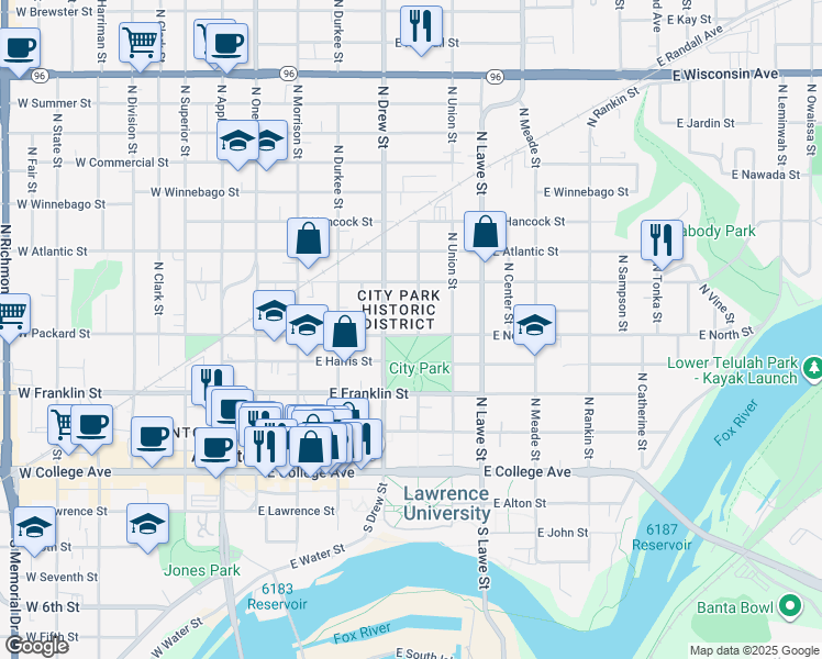 map of restaurants, bars, coffee shops, grocery stores, and more near 520 North Bateman Street in Appleton