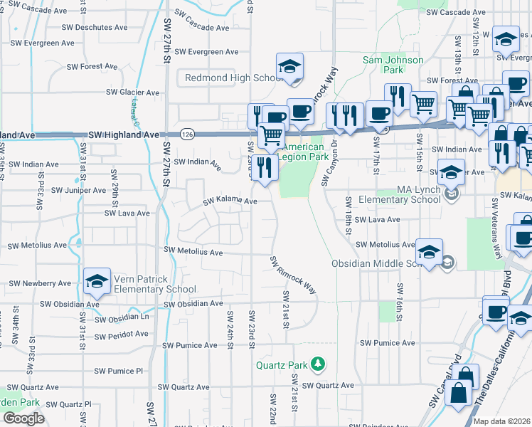 map of restaurants, bars, coffee shops, grocery stores, and more near 2285 Southwest Kalama Avenue in Redmond
